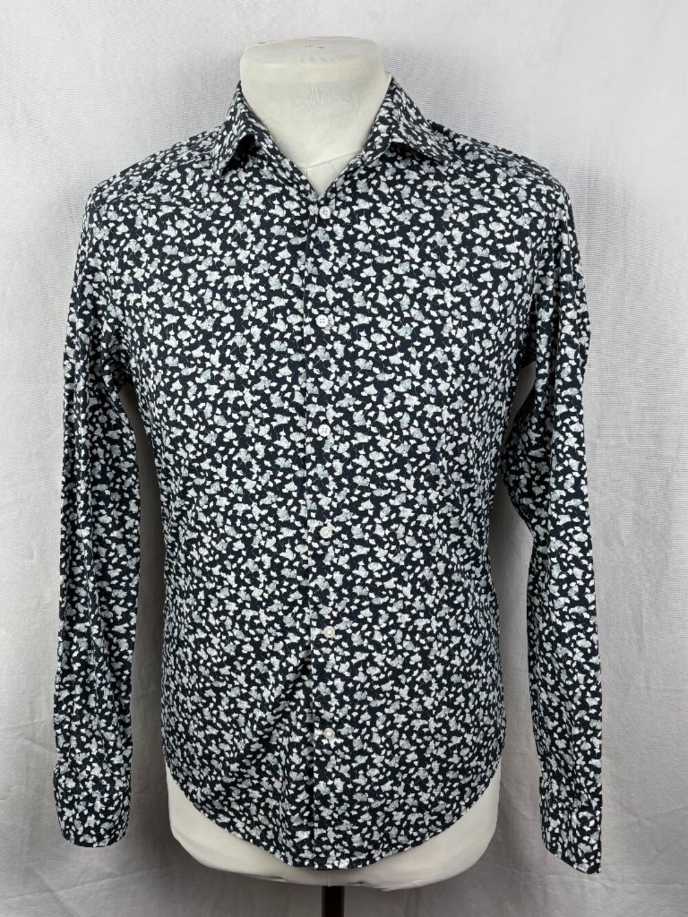 Reiss Slim Fit Floral Print Shirt Black White Cotton Button Front Medium